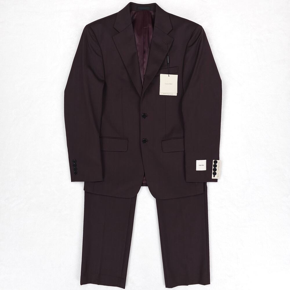 Calvin Klein Mens Slim Fit 2 Piece Suit 36S 32x30 Burgundy Solid Stretch Wool